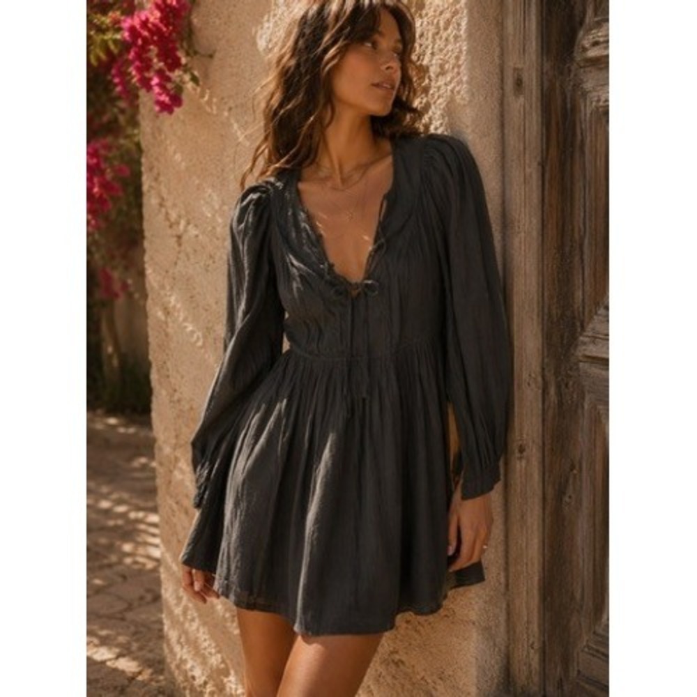 Old Navy LS Boho Spirit Mini Dress Blackjack Gray Cotton‎ Rayon V-Neck Small
